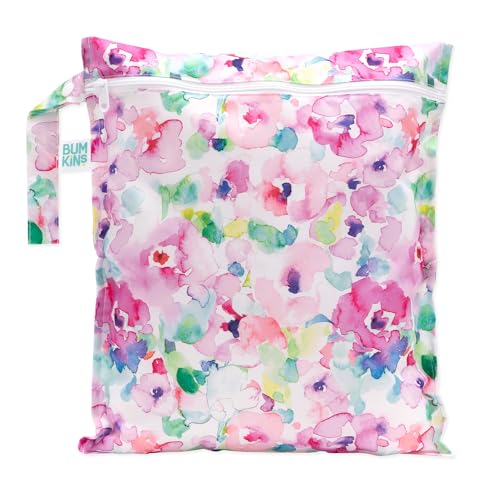 Image of Bumkins Waterproof Wet Bag for Baby, Travel, Swim Suit, Cloth Diapers, Pump Parts, Pool, Beach, Gym Clothes, Toiletry, Hook to Stroller, Daycare, Zip Reusable Wetdry Packing Pouch, Watercolors Floral