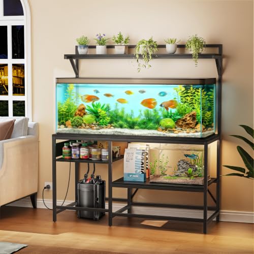 Image of 55 Gallon Fish Tank Stand, Aquarium Stand with Power Outlet, Heavy-Duty Reptile Terrarium Stand Table with Top Shelf for 55 Gallon Standard Long-Type Model, 52 inch L x 21.6 inch W x 30 inch H(Black)