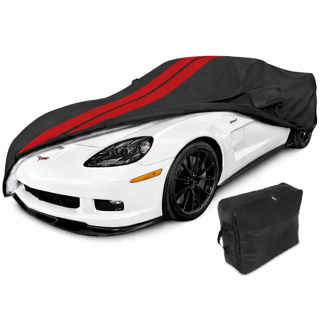 SR1 Performance USA C6 Corvette Car Cover Custom Fit Outdoor/Indoor UV Rain Protection - Ultraguard Plus 300 Denier High End for 2005-2013 C6, Z06, Grand Sport, ZR1 Corvettes (Black with Red Stripes)