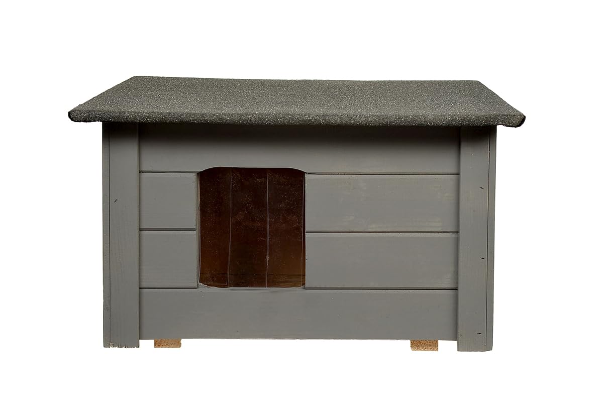 Piccola casetta per gatti per esterni, in legno, isolata, per giardino o terrazza, casetta per animali da esterni, 59 x 49 x 34 cm, colore grigio