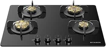 Faber 4 Burner 70cm Hob |Auto-Ignition| HOB PRIME HT704 CRS BR CI AI |Metal Knobs| Cast Iron Pan Support |Hob/Cooktop Hybrid| Black Glass Finish |5 Yr...