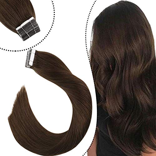 Ugeat Tape in Hair Extensions Human Hair 18inch Tape on Remy Hair Extensions Color #4 Dark Brown Tape in Human Hair Extensions 20PCS/50g Double Sided PU Weft Invisible Hair Extensions