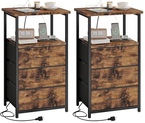 Image of Fixwal Night Stand with 3 Fabric Drawers, Nightstand for Bedroom, Bedside Table with Charging Station End Table with Storage, Rustic Brown (Pack of 2)