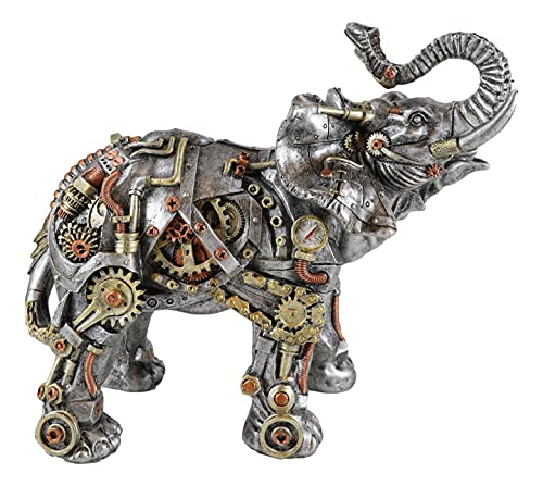 Ebros Victorian Sci Fi Industrial Steam Age Steampunk Pressure Valve Geared Cyborg Elephant with Trunk Up Figurine Resin Safari Elephants Family Figurine Sculpture Decor Gifts