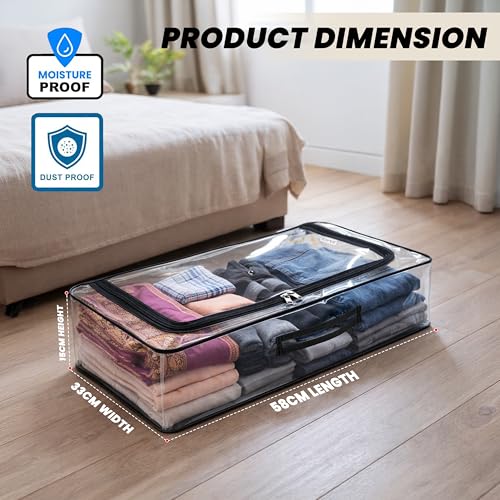 Image of Storite Medium PVC Underbed Storage Bag with Handles, Clear Window & Zipper Lock | Space Saving /Foldable /Rectangular Quilt, Comforter, Blankets,Clothes Storage Bag -Transparent (58x33x15 cm)