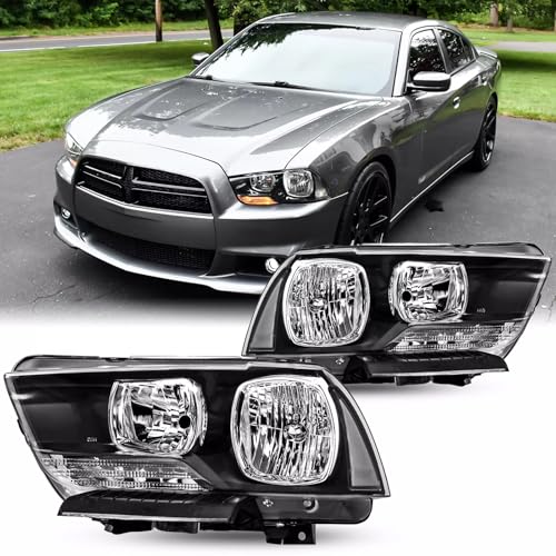 OE Style Headlight Assembly Set For 2011 2012 2013 2014 Dodge Charger R/T SE SRT8 SXT Plus Persuit Sedan Replacement Headlamp Black Housing Clear Reflector Lens Driver and Passenger Side(LH&RH)