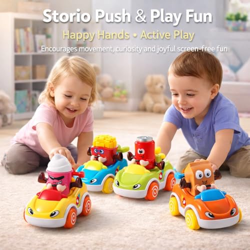 Image of Storio Pack of 4 Foodie Toy Cars | Friction Powered Push and Go Vehicles | Educational Baby Cars for 1-3 Years | Cartoon Themed Mr Chips, Mr Milk, Mr Coca, Mr Icecream