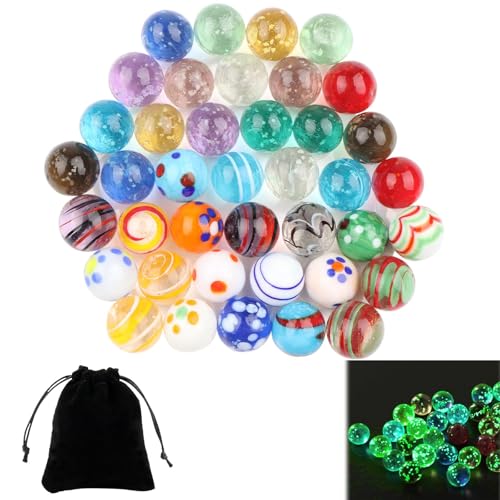 LongZYU 40 Pièces Billes en Verre Multicolore Bille Calot Rare 16 mm inclure 20 Billes Phosphorescentes Enfant et 20 Galots Billes Colorées pour Projets de...