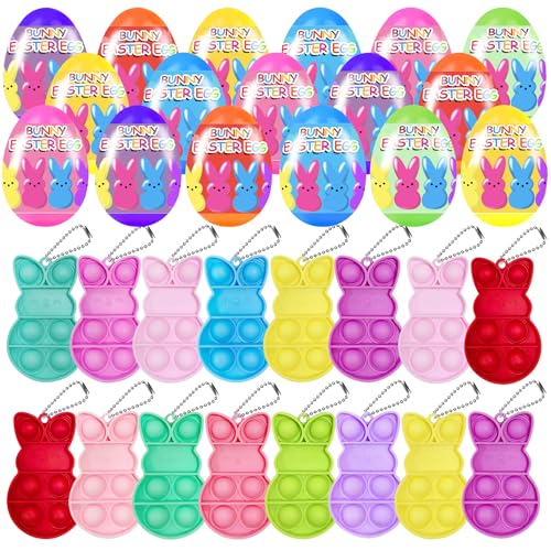 24 PCS Prefilled Easter Eggs with Bunny Pop Bubble Fidget Keychains Toy Inside for Kids Boys Girls Easter Basket Stuffers Party Favors Easter Egg Hunt