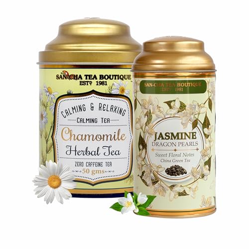 Image of Sancha Tea Boutique, Tea Combo Pack: Chamomile Flower, Caffeine Free Herbal, 50g & Jasmine Dragon Pearls Teas 50g, Loose Leaves