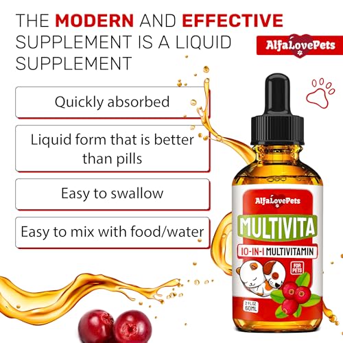 Liquid Multivitamin for Dogs – Cat Multivitamins for Indoor Cats – 10-in-1 Liquid Dog Vitamins B Complex, C, D3 – Digestion, Urination, Hip & Joint, Skin & Coat – Cranberry Flavor – 2 Oz