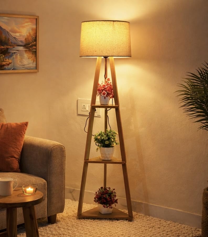 Image of viora Home Wooden Tripod Floor Lamp with 3 Shelves, Modern Standing Lamp with Fabric Shade, Decorative Shelf Floor Lamp for Living Room, Bedroom & Home Decor..