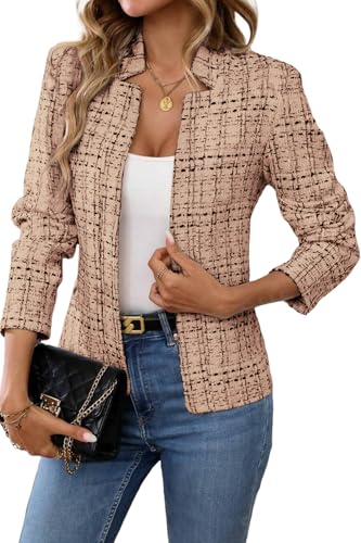ELLEVEN Womens' Tweed Open Front Blazer Dark Khaki Large