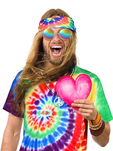 4 Pieces Hippie Costume Set, Include Colorful Tie-Dye T-Shirt, Peace Sign Necklace, Headband And Sunglasses For Theme Parties (S, Rainbow) #TOP4