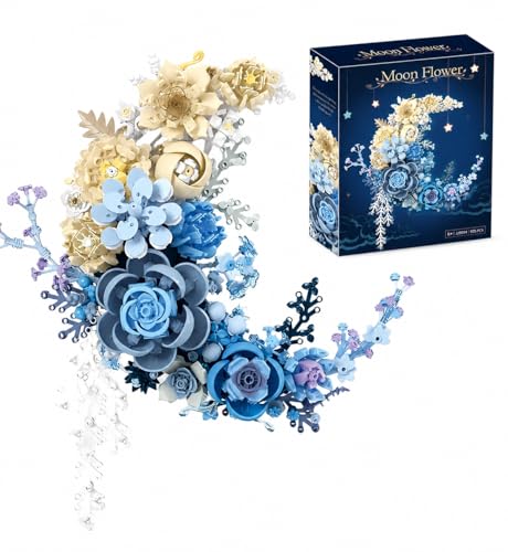 Image of Blue Moon Flower Building Set, Botanical Collection Crescent-Shaped Artificial Flowers Building Blocks Kit Compatible with Lego for Adults or Kids Home Decor Wall Art Decoration