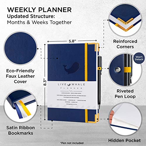 Live Whale Undated Weekly Planner, 12 Month Weekly Personal Planner/Monthly Productivity Journal For Habit Tracking, Wellness, Gratitude Journaling. Faux Leather Goal Planner - Blue #TOP1
