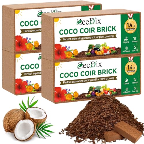ZeeDix 4 Pcs Premium Coco Coir Brick - 100% Organic Compressed Coconut Coir Starting Mix, Coco Fiber...