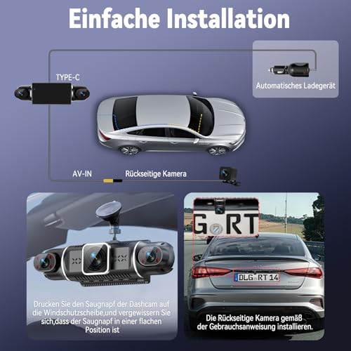 360° Dashcam Auto Vorne Hinten 4 Kanal Dash Cam Auto Kamera FHD 2K+1080Px3,4×140° Weitwinkel,WDR-Nachtsicht (8 IR-LEDs), 3\ IPS Display,G-Sensor,24/7 Parkmodus,Loop-Aufnahme, inkl. 64GB SD-Karte, App
