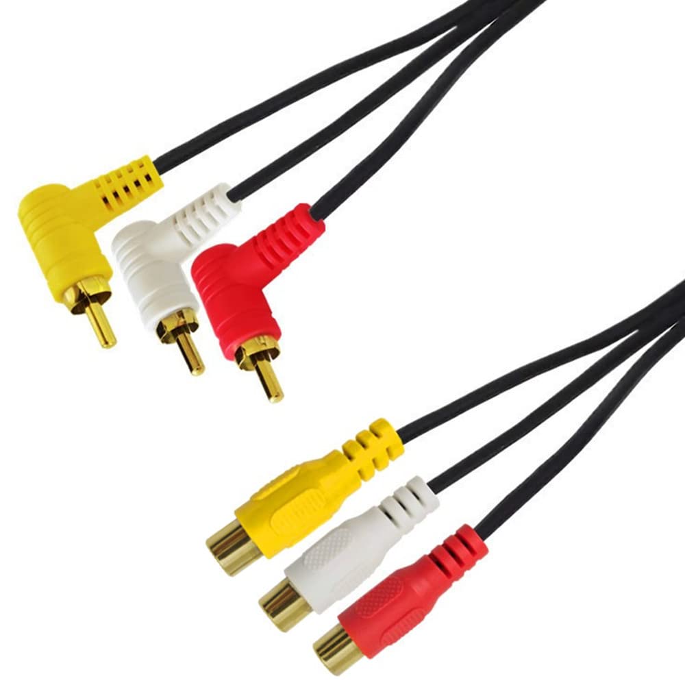 RCA Audio-Video-Kabel, 3 Cinch-Kabel – vergoldet, 90 Grad rechtwinklig, 3 Cinch-Stecker auf Buchse, Audio-Video-Kabel, 1,5 m (F auf M gebogen)