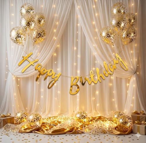 Image of MOOKE Gold Birthday Decoration Set - Happy Birthday Banner, Gold Confetti Balloons With LED Light, Unisex-Adults, Unisex-Kids (19)