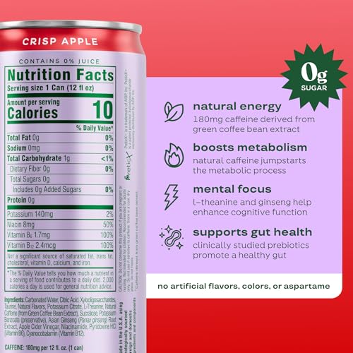 Image of Bloom Nutrition Sparkling Energy Drink - Natural Caffeine, Zero Sugar, 180mg Caffeine - Antioxidant-Rich with Green Coffee Bean, Green Tea Extract, Prebiotics - Crisp Apple - 12oz 12 Pack