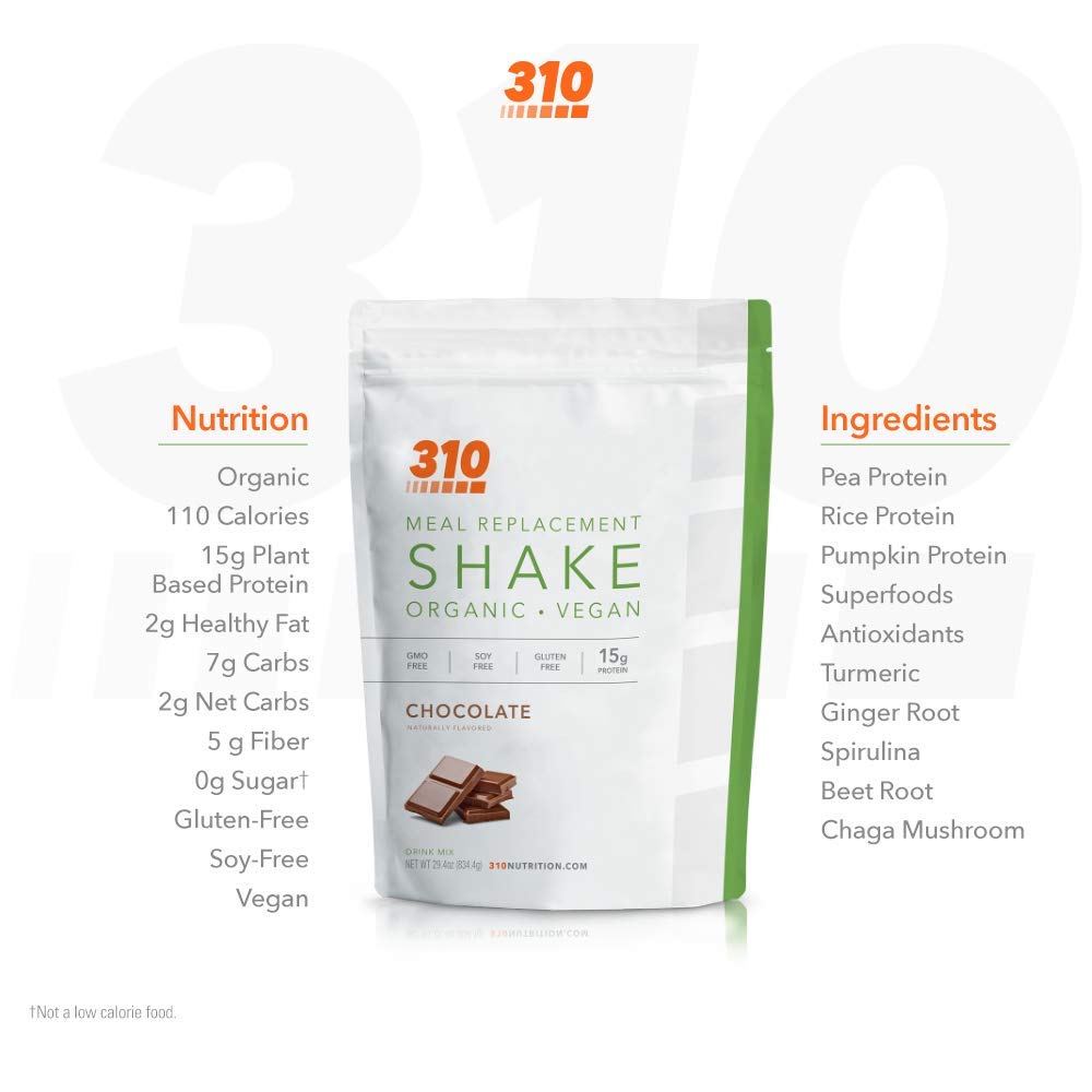310 Nutrition - Vegan Organic Plant Powder and Meal Replacement Shake - Gluten, Dairy, and Soy Free - Keto and Paleo Friendly - 0 Grams of Sugar - Chocolate - 28 Servings : Health & Household