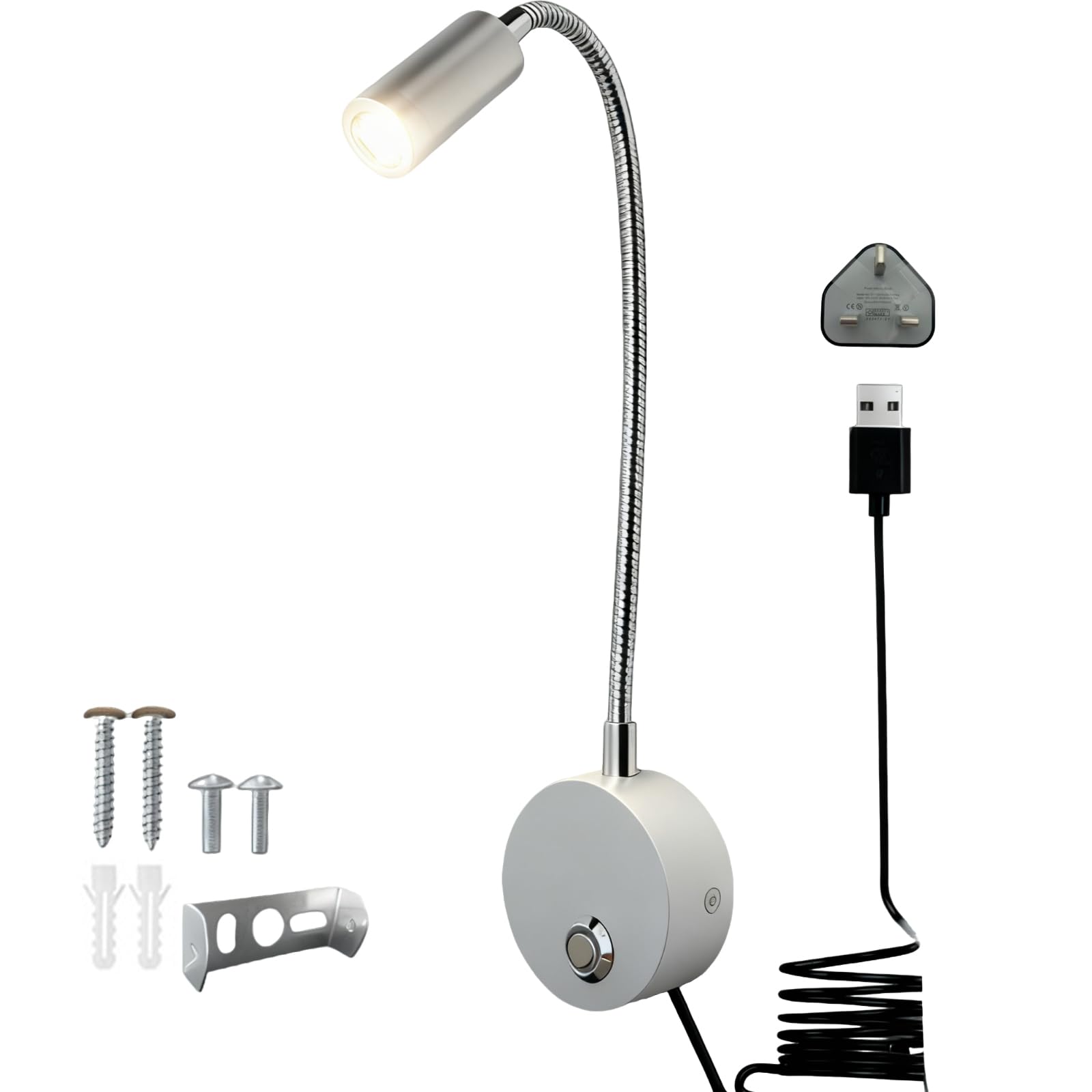 Fulkued Reading Light Wall Mounted Dimmable,LED Wall Lamp Bedside Lamp with Switch Touch,Flexible Gooseneck Bed Light,360° Swing,USB Charging for Bedside,Bedroom,Motorhome