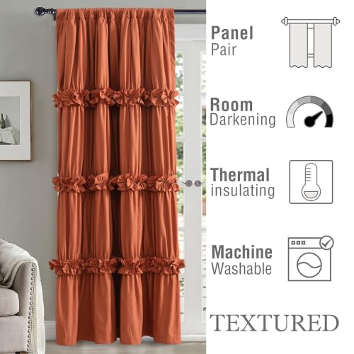 Image of Homechoice Decor Thermal Insulated Blackout Window Curtains, 54 inch W x 84 inch L Pair, Boho Ruched Window Treatments with 3 Rows of Butterfly Flowers, Rustic Rod Pocket Drapes for Room, Burnt Orange (LQ-30)
