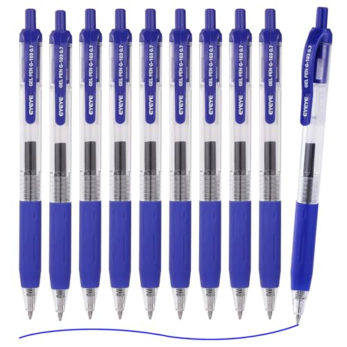 EYEYE G-103 Retractable Gel Pens 0.7mm 10 Pack 0.7 mm Blue Ink Medium Point Ballpoint Pen Quick Drying Pen Fine Point Smooth Writing Pens for for Office School Supplies