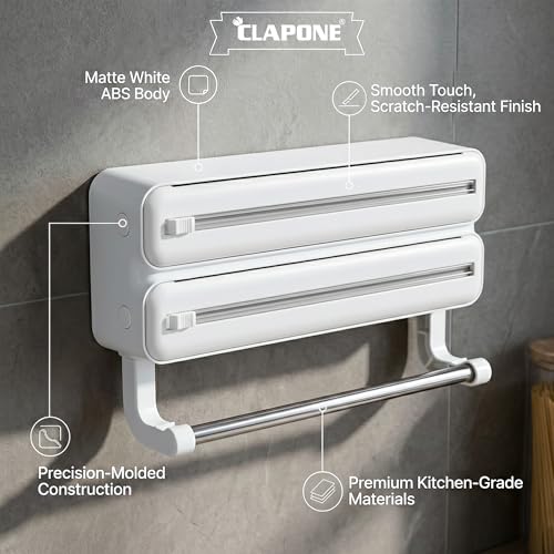 Image of Foil Paper Cutter and Holder Aluminium Foil and Plastic Wrap Organizer with Paper Towel Holder Compatible with Cling Film Tin Foil and Wax Paper Plastic Wrap Dispenser Cutter (White, Dual Layer)