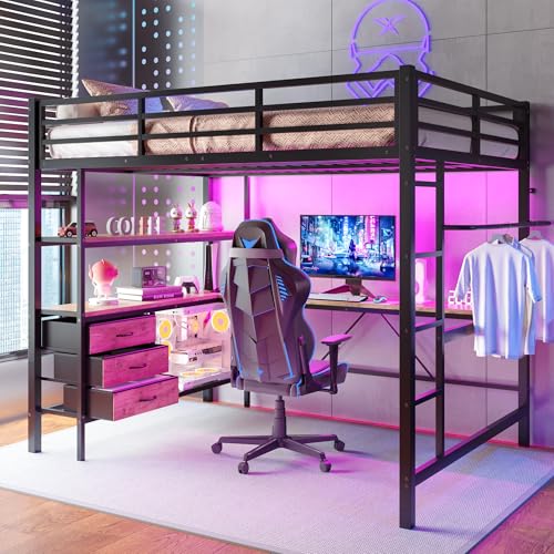 Wyibwy Cama Alta 140x200 cm con iluminación LED, Enchufe + USB, litera Doble de Metal 140x200 con Escritorio y 3 cajones, Cama con estantes, barandilla, escaleras, sin colchón, Negro