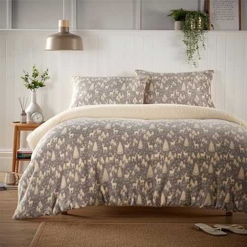 Olivia Rocco Teddy Fleece Duvet Cover Set Printed Super Soft Quilt Sets Check Stars Stag Design Warm Winter Bedding With Sherpa Reverse (Double, Woodland Animals)