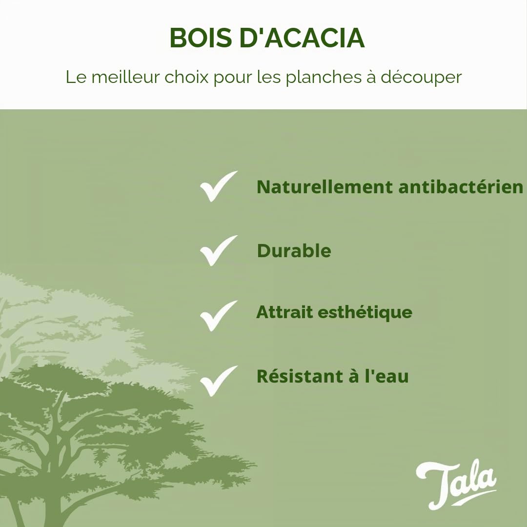 Tala Planche rectangulaire en bois d'acacia laqué à double usage, idéale pour hacher, découper et servir tous les aliments et parfaite pour présenter, mesure 42 x 2 x 3 cm