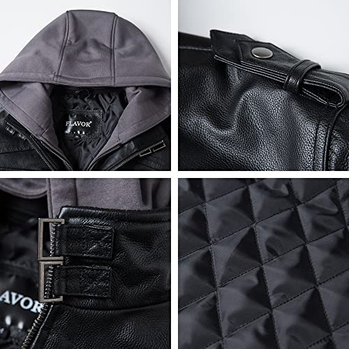 Image of FLAVOR Men Brown Leather Motorcycle Jacket with Removable Hood | Genuine Leather, Removable Hood, Windproof, Multi Pockets, Fall Winter Coats, Riding and Daily Wear, Moto Biker Jacket Men