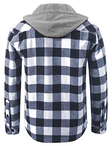 Image of Shaka Wear Men's Plaid Shirts - Flannel Hooded Long Sleeve Casual Button Up Fleece Soft Quilted Lined Hoodie Jacket FFJ0103 Wht /Navy 5X
