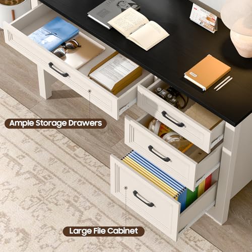 Image of Vabches Farmhouse Executive Desk with Storage and Ample File Drawer, Rustic Large Home Writing Desk for Bedroom, Black