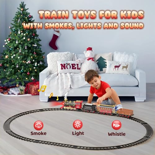 hot bee train set - train toys for boys with smokes lights and sound toy train set for under christmas tree toddler model trains for 3 4 5 6 7 8 years old kids christmas toys gifts