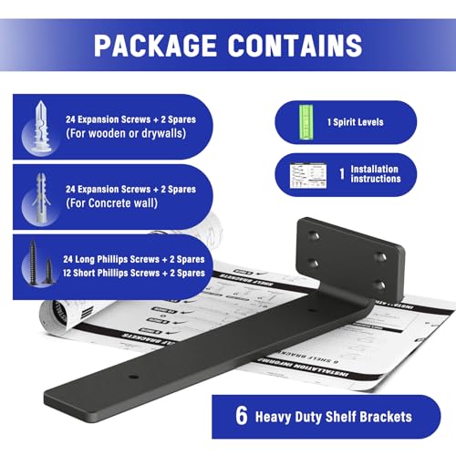 Image of WELDUN 6 Pack Floating Shelf Brackets 10 Inch, Heavy Duty Metal L Brackets for Shelves Support Wall Hanging