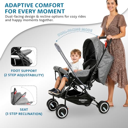 Image of Amazon Brand - Supples Baby Stroller /Pram for Newborns & Toddlers (0-3 Years) | Foldable, 5-Point Safety Harness, Reclining Seat, Storage Basket, Adjustable Backrest, 360 Wheels | Grey & Black
