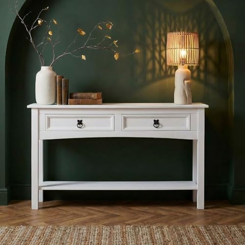IDIMEX Console Rural Meuble Style Mexicain avec 2 Tiroirs et 1 Étagère, Table Console Blanche Fabriquée en Pin Massif, Poignées en Métal, Finition...