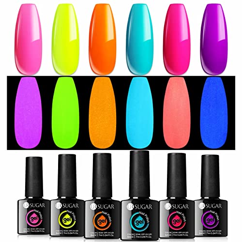 UR SUGAR Glow in the Dark Gel Nail Polish Set Halloween Neon Hot Pink Yellow Orange Bright Luminous Gel Polish Set Fluorescent 6 Colors Glow in Dark Effect Soak Off Nail Polish Kit for Party Nails