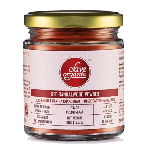 Clave Organic India Private Limited Vegan Sin productos químicos Polvo de sándalo rojo para calmar y exfoliar (Raktha Chandan) de Wayanad - Kerala en tarro de vidrio ecológico, 100 g