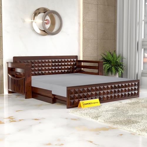 Image of Mamta Furniture Solid Sheesham Wood Sofa Set 3 Seater Furniture Wooden 3 Seater Sofa Cums Bed for Home Living Room with Cushions (Walnut with Grey, 3 Seater Design 1)