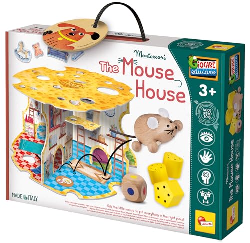 Lisciani - MONTESSORI DE MADERA - La Casa del Ratón - Juegos Educativos Montessori de Madera - Para Niños a partir de 3 Años - Juego Desafío 3D - Aprendizaje de Números y Formas Geométricas