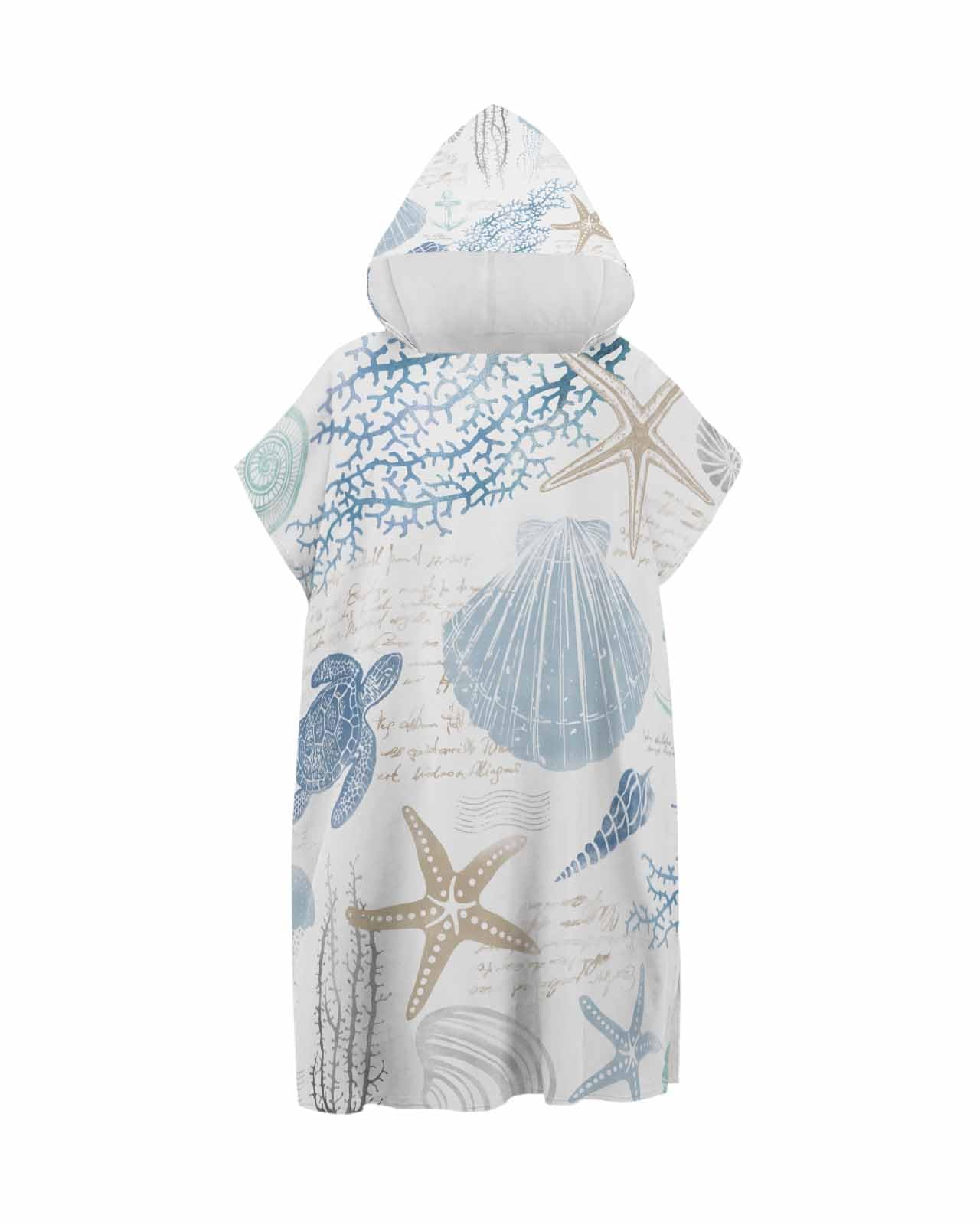 Surf Changing Robe with Hood, Summer Ocean Towel Robe, Quick Dry Microfiber Beach Towels for Swimming Surfing Bath, Beach Robe for Adults Men Women(29.5x55in, Blue Seashell Turtle)