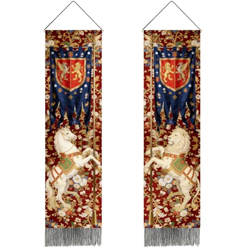 PRESSINART 2 pièces 2 Styles Tapisserie Cheval et Lion Vintage Vertical 51x13 Pouces Esthétique Long Étroit Tapisserie Médiévale Murale avec Pompon pour...