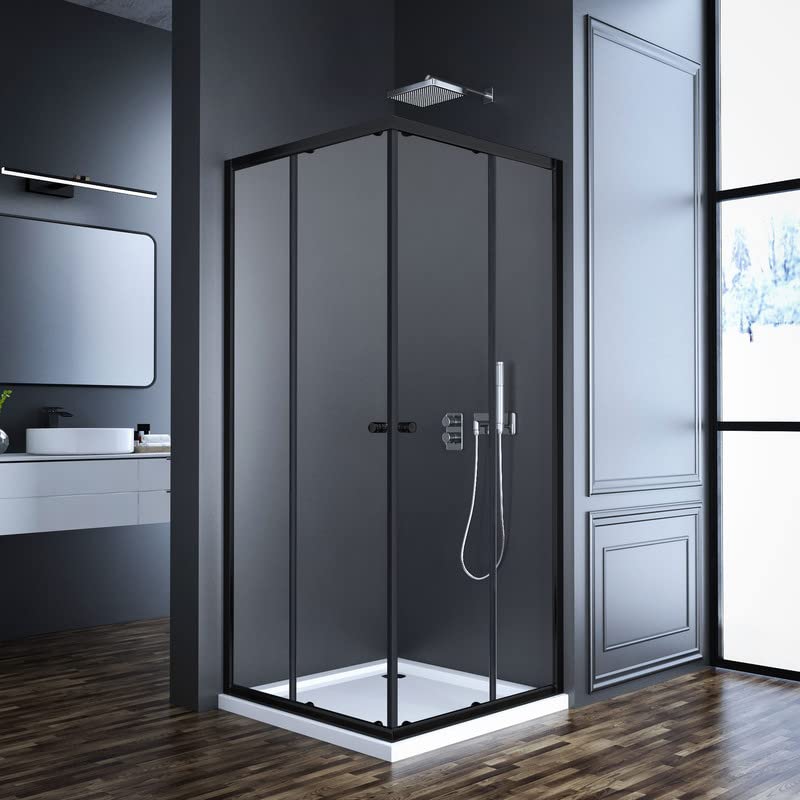 Eckeinstieg Duschkabine Schwarz 80x90 cm Schiebetür Duschabtrennung, 90x80 Glas Doppel Schiebetüren Duschkabine Duschwand Doppelschiebetür aus 6mm ESG Sicherheitsglas, Dusche Duschtür Höhe: 185cm