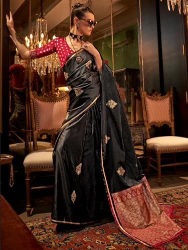 Image of AKHILAM Women's Satin Silk Bagh Printed Saree With Unstitched Blouse(KNTKLX391001 RJ Parent)
