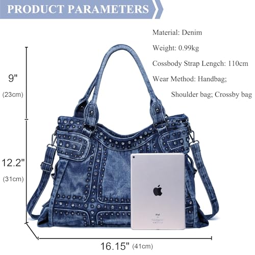 Image of Designer Denim Handbags for Women Hobo Tote Bag Crossbody Denim Purses Blue Jean Shoulder Bag