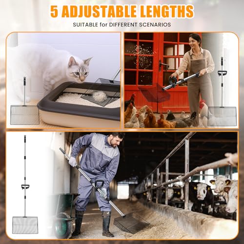 Image of 15inch Heavy-Duty Chicken Poop Scooper with Ergonomic Grip, Chicken Coop Scoop with Adjustable Stainless Steel Handle (24-70 inch), 4-in-1 Litter Sifting Shovel for Chicken Coop Accessories